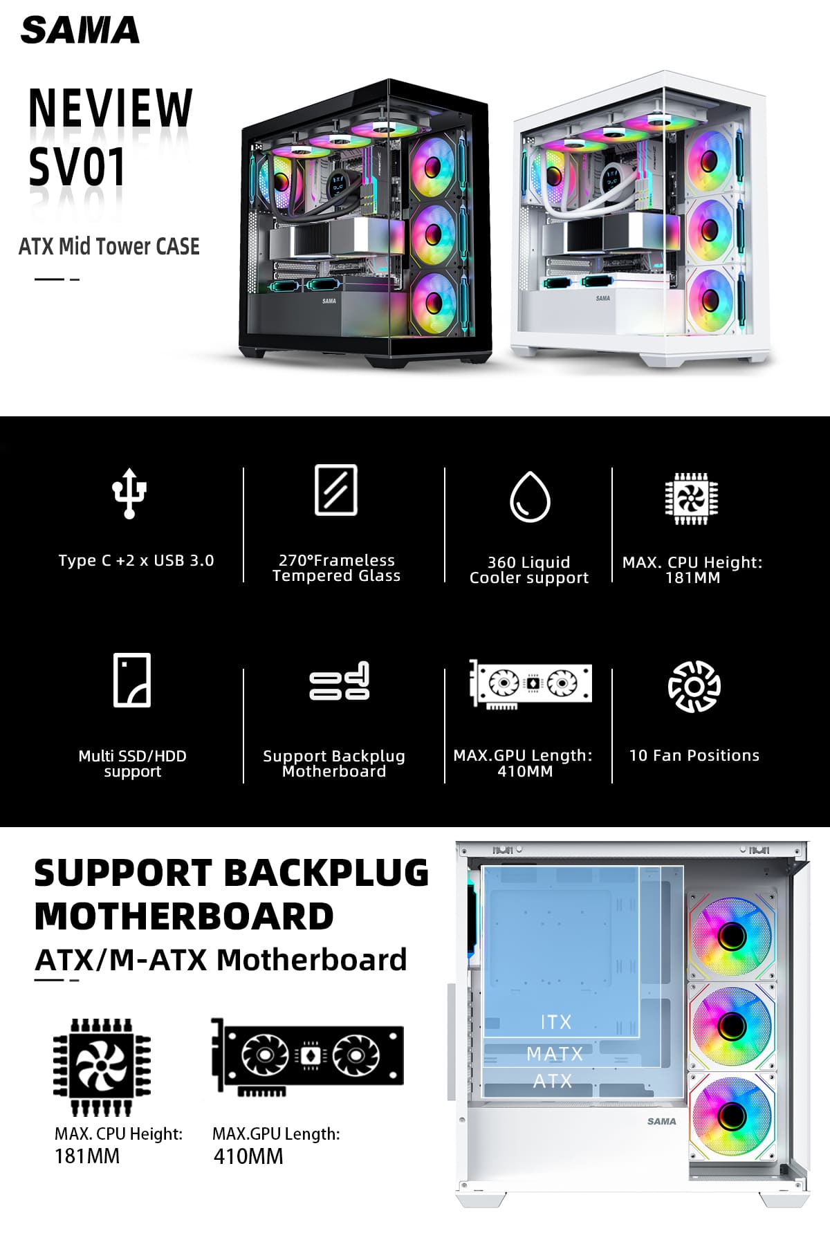 SAMA Neview SV01 ATX Mid Tower Gaming Chassis - White